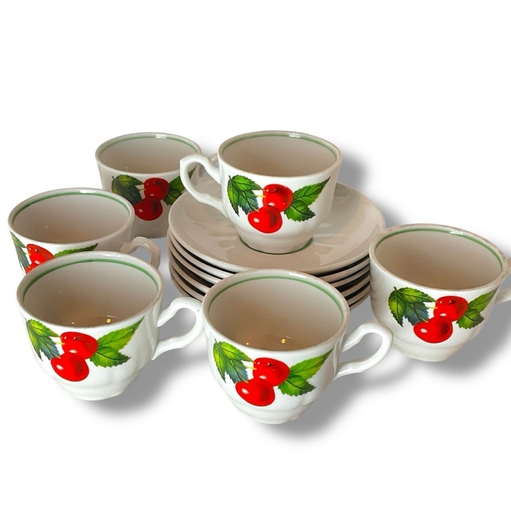 Vintage Dobrush Teacup‎ Saucer Set 6 Cherry Porcelain Small White Red Green Cups